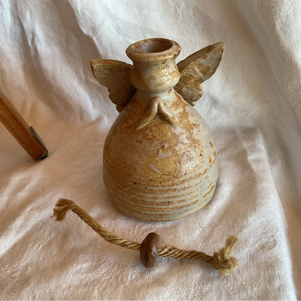 pottery angel oil lamp W/Original wick glazed in earthy brown tones Signed